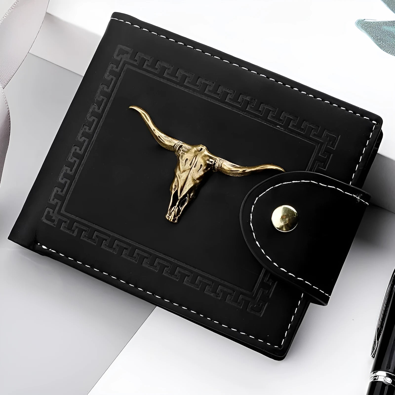 Black men's short wallet with animal pattern design, multiple card slots and zipper closure