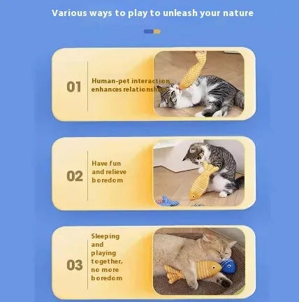 Blue and yellow fish-shaped cat toys in large and medium sizes on a plain background.