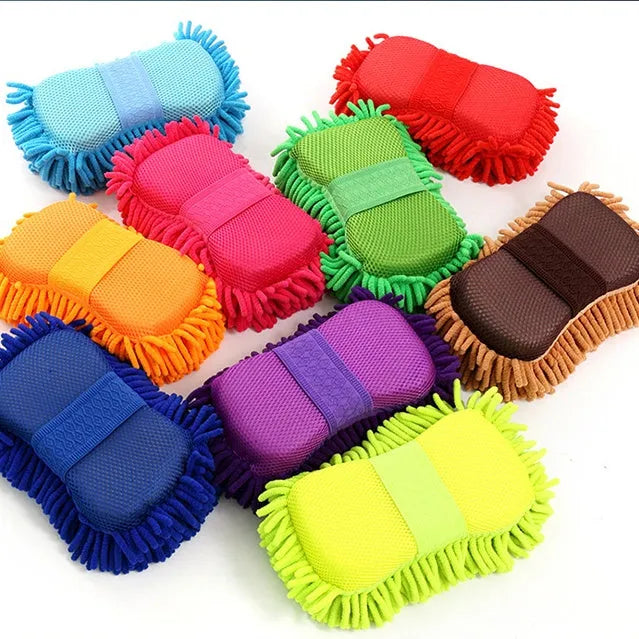 Silver green car wash sponge measuring 14x25cm with microfiber chenille texture for vehicle cleaning