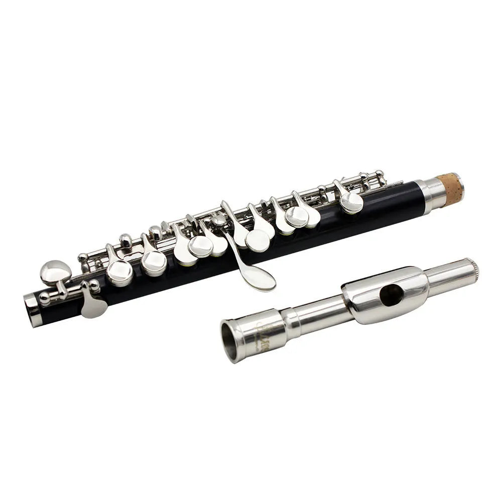 C key piccolo with bakelite tube body and silver plated finish, 31cm, shown with cloth box and cleaning accessories