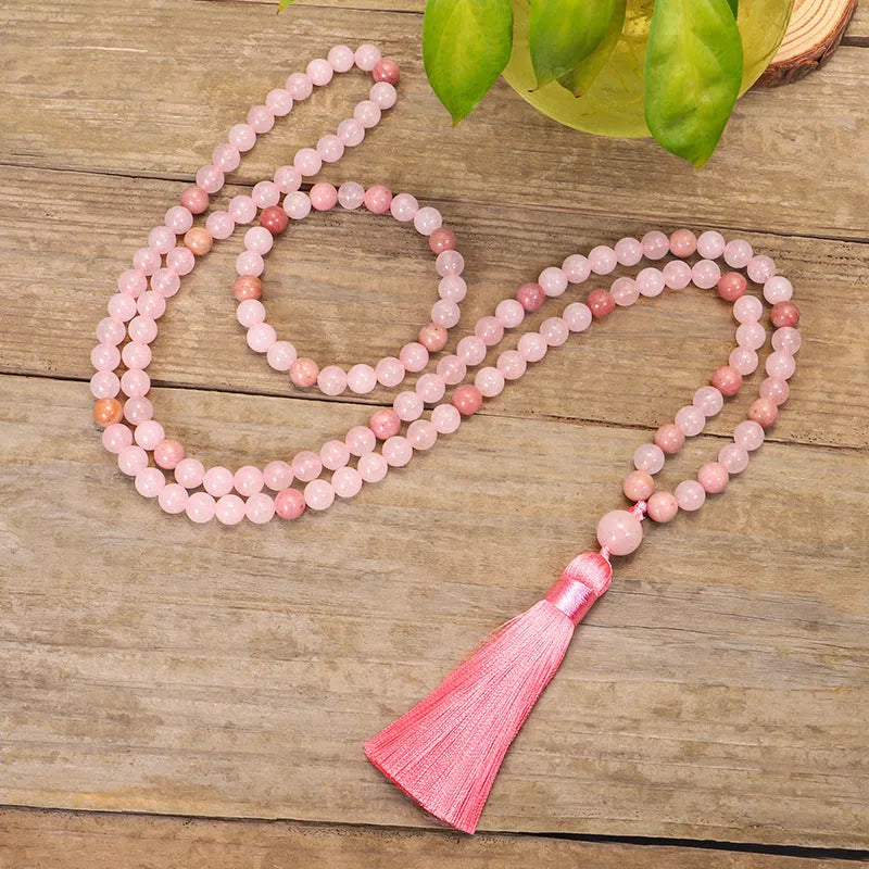 Stone bead string necklace and bracelet set with long fringe tassel pendant.