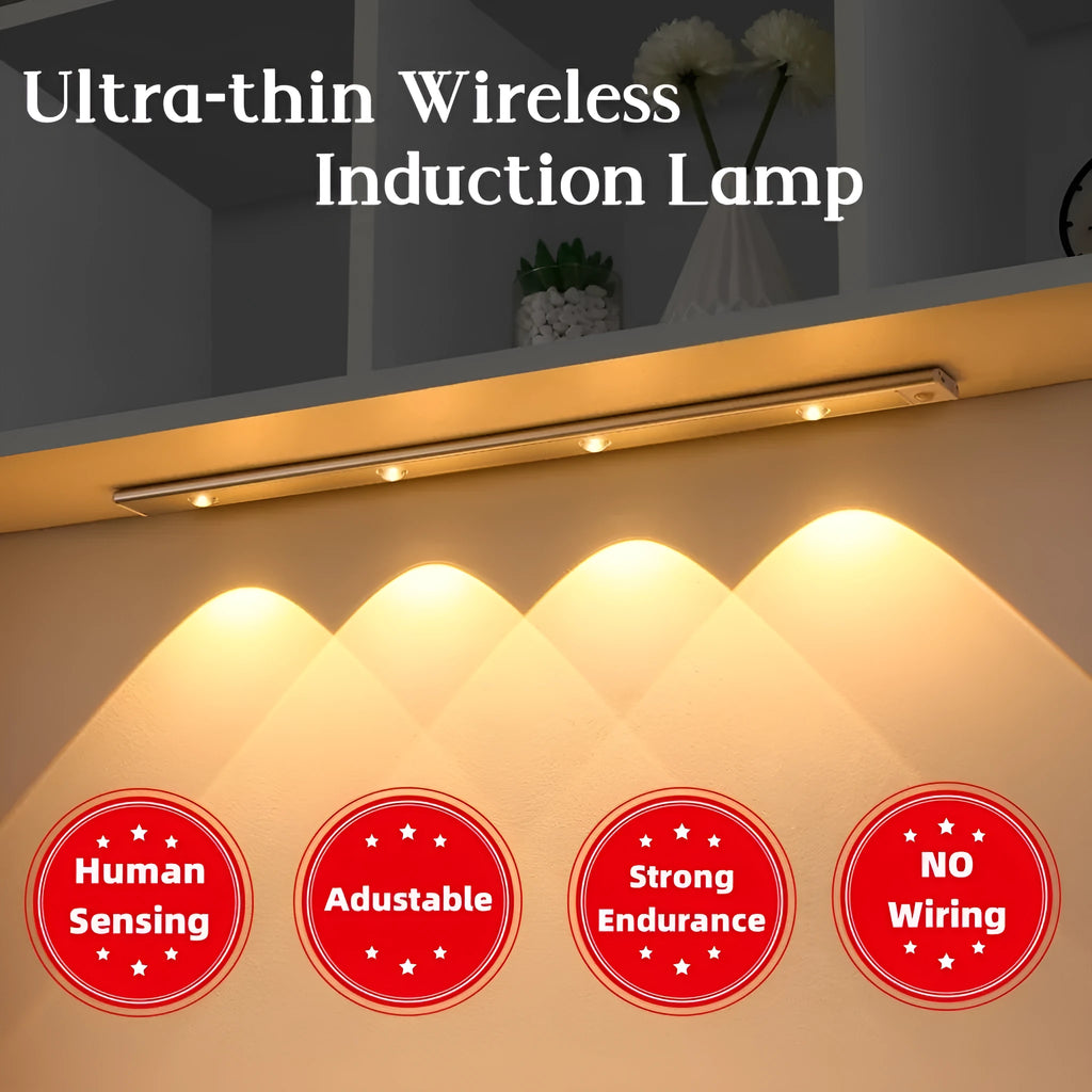 Ultra-thin USB LED night light with motion sensor in silver or black, showing magnet attachment for cabinets