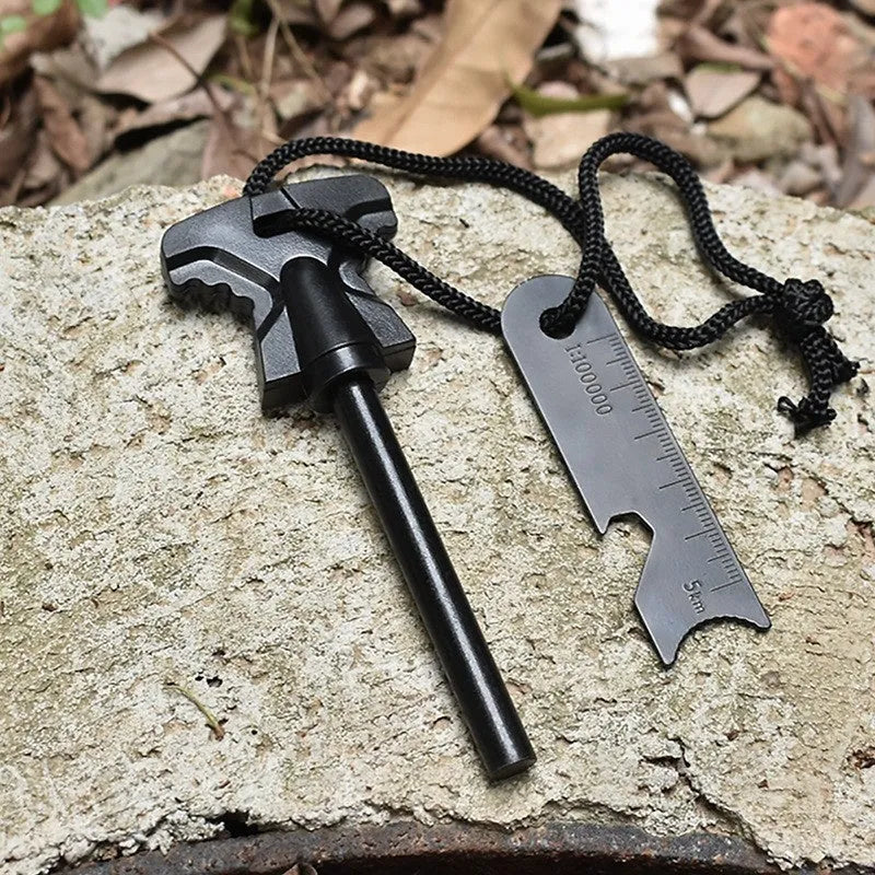 Butterfly-shaped stainless steel firestone with bottle opener, dimensions 117mm by 43mm, for outdoor survival use