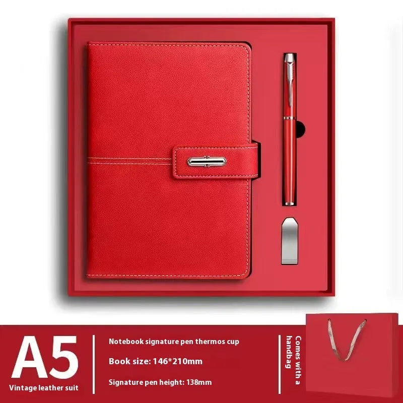 A5 notebook with imitation leather cover in various colours, open to show wood-free paper pages