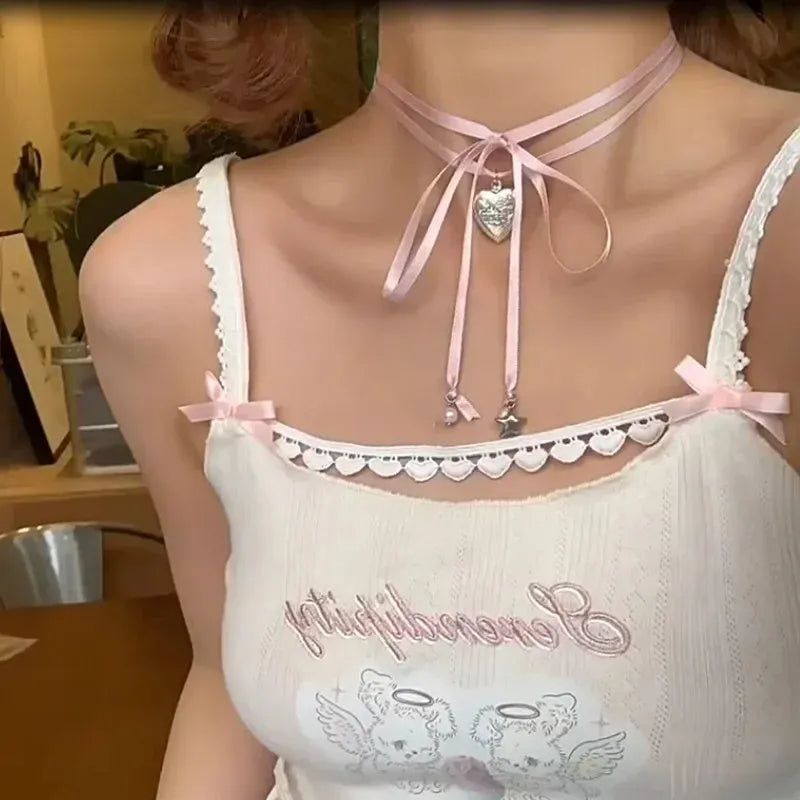 Women's ribbon love pendant fashion necklace in electroplated alloy, available in 33 colours on clavicle-length chain
