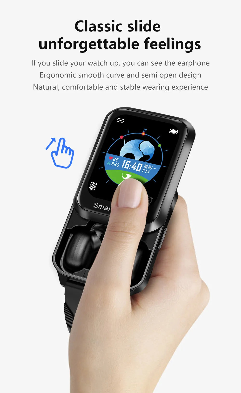Black smart bracelet with touch screen displaying time and Bluetooth call icon on a wrist.