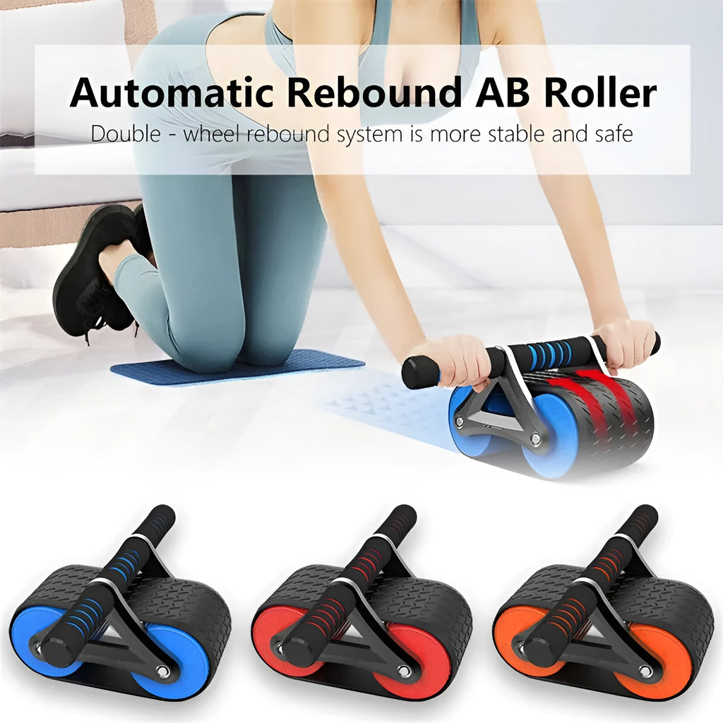 Double wheel abdominal exerciser with automatic rebound, blue orange red ABS ab roller with kneeling pad