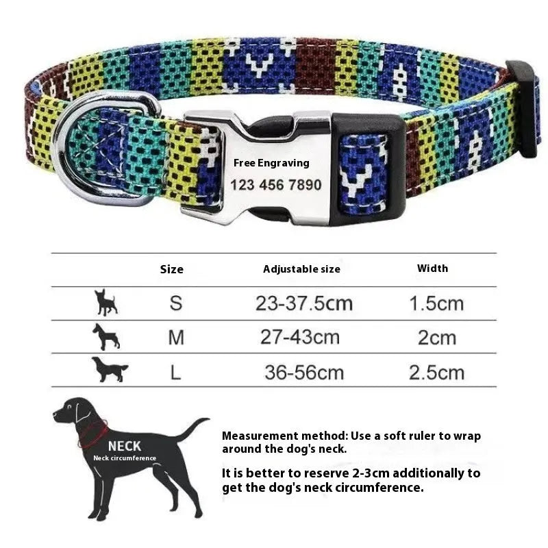 Adjustable canvas dog collar with semi-metal buckle in striped Bohemian pattern