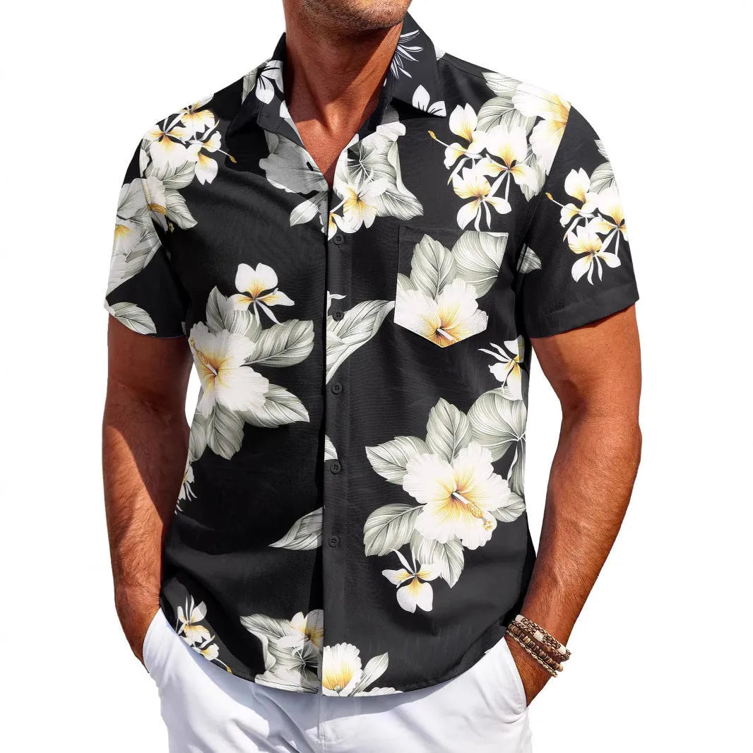 Men's slim fit short sleeve cardigan shirt in elastic polyester, sizes S-6XL, summer daily wear