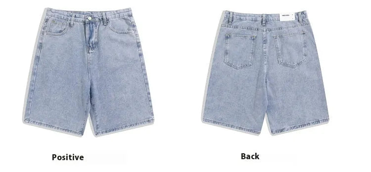 Men's light blue denim shorts with five pockets and a straight-leg cut on a mid-waist.
