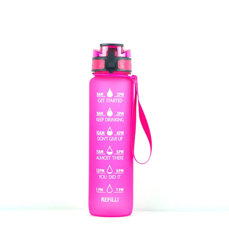 Clear 1000ml Tritan sports water bottle with blue lid and infuser inside, showing measurements.