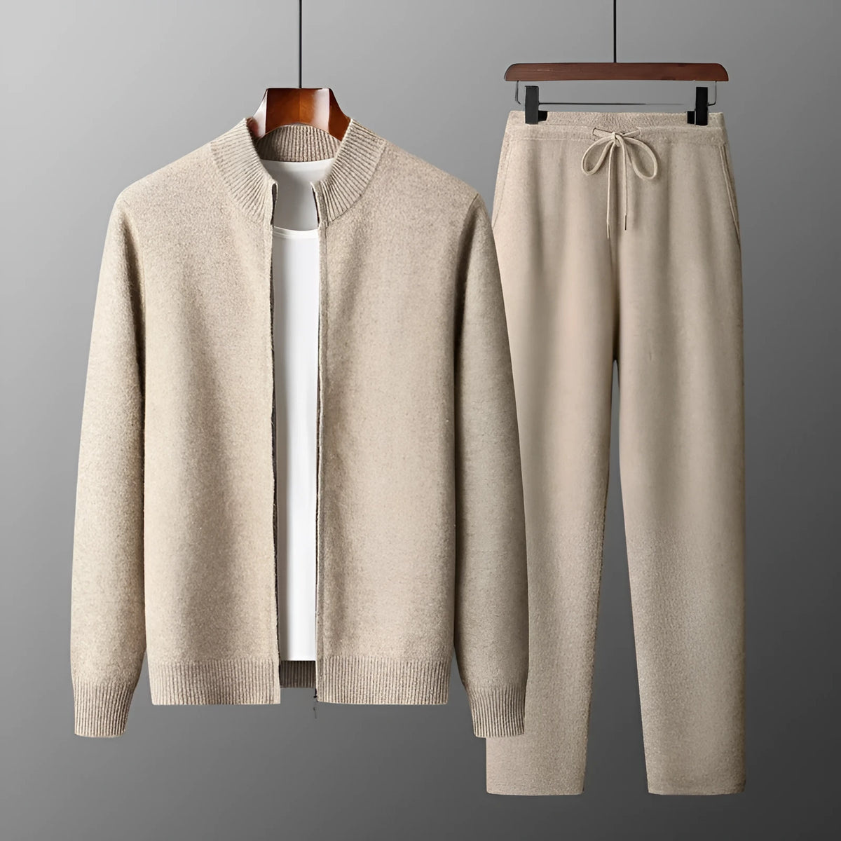 Men's double-strand thickened wool suit cardigan in light camel, dark gray, and black, long sleeve knitwear with trousers, Asian sizes.