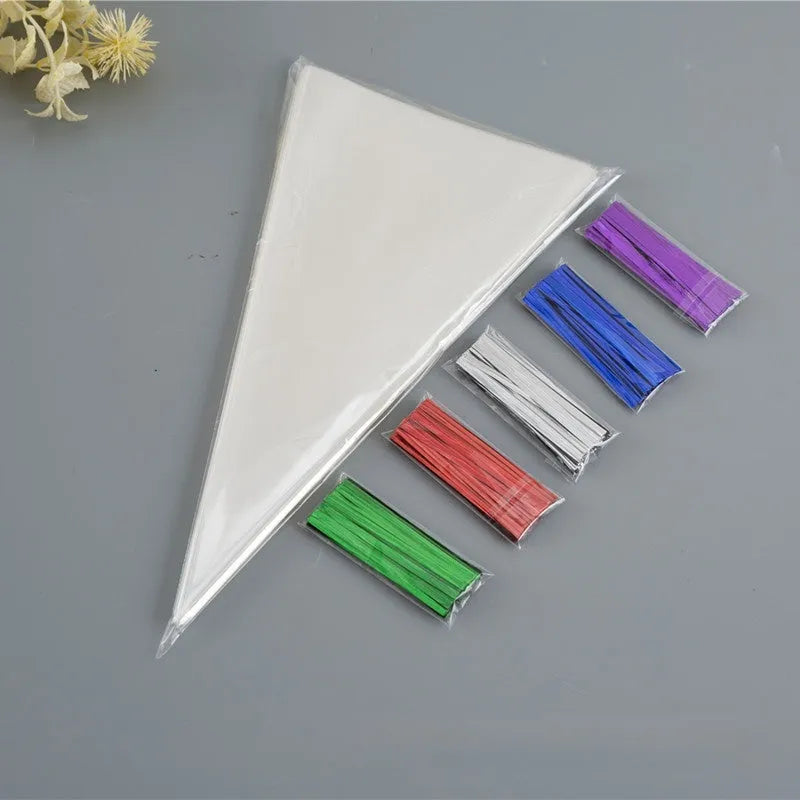Triangle plastic packaging bag with tie wire closure in clear OPP material