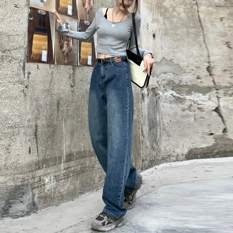 Women's retro blue straight-leg jeans with high-waist design on mannequin showing front and side views