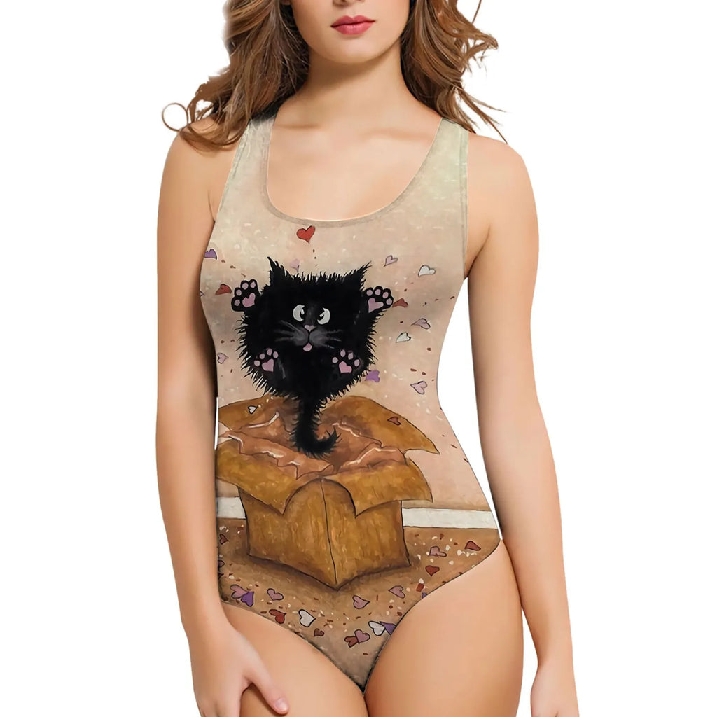 Women's 3D printed one-piece swimsuit with sunflower pattern, sleeveless design, showing front and back views