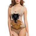 Women's 3D printed one-piece swimsuit with sunflower pattern, sleeveless design, showing front and back views