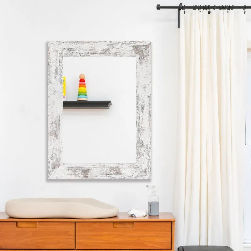 Wall-mounted dressing mirror with retro Chinese style white frame in bathroom setting