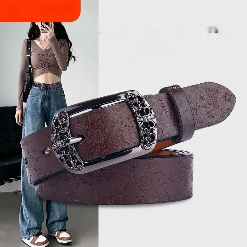Thin black PU leather decorative belt with alloy buckle for jeans
