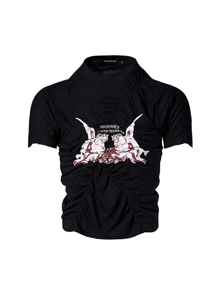 Men's black summer t-shirt with printed pleating detail and slim fit design