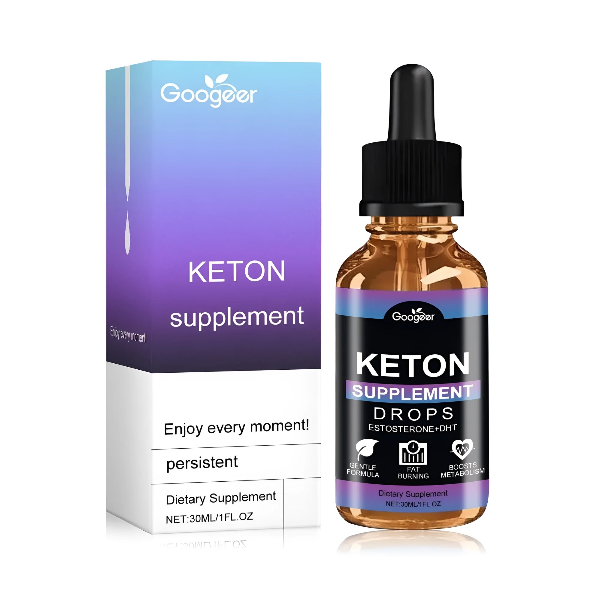 30ml dietary supplement bottle with dropper containing Vitex negundo extract and acetyl tyrosine formula