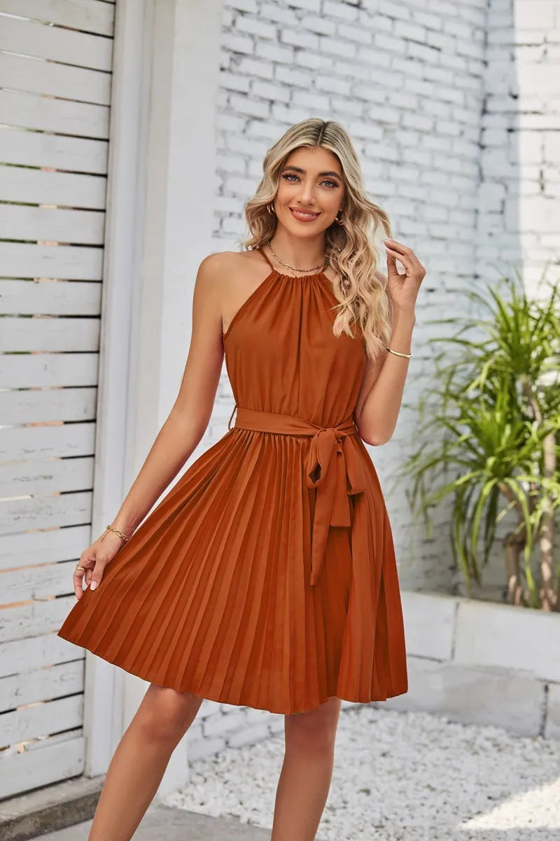 Women's halter strapless dress with pleated chiffon skirt and adjustable waist belt in summer colours