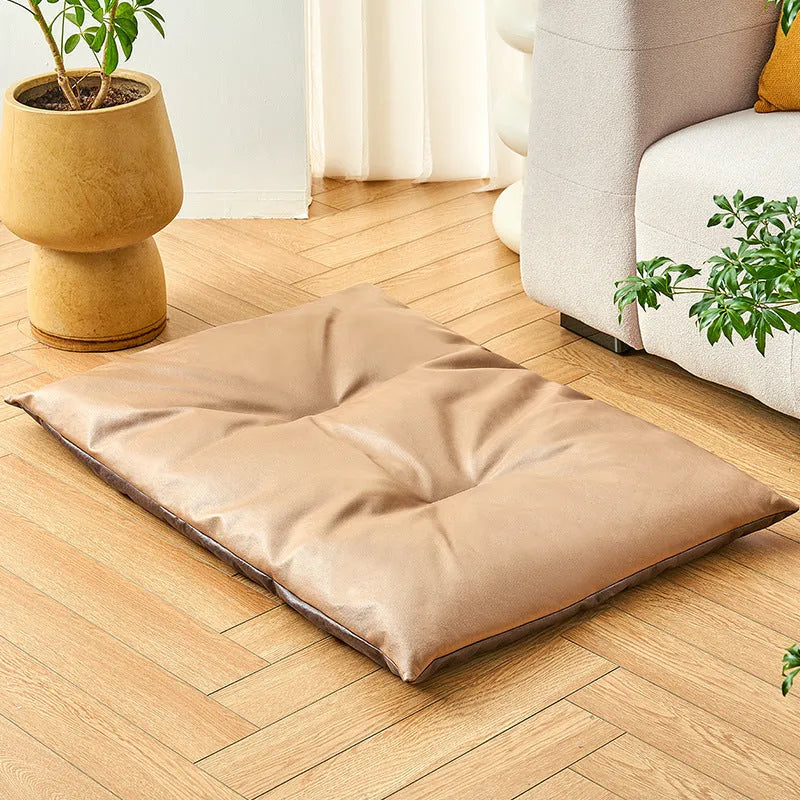 Blue and coffee coloured lightweight pet nest mat for cats and dogs, shown in four sizes S, M, L, and XL.