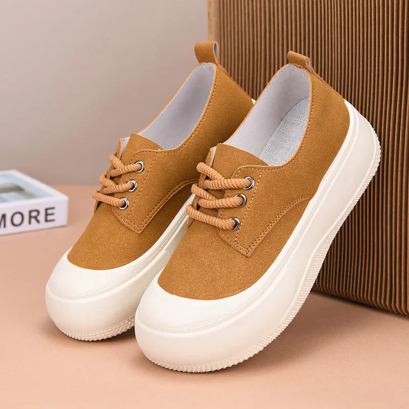 Women's camel suede platform loafers with round toe and front lace-up, showing 4cm sole lift