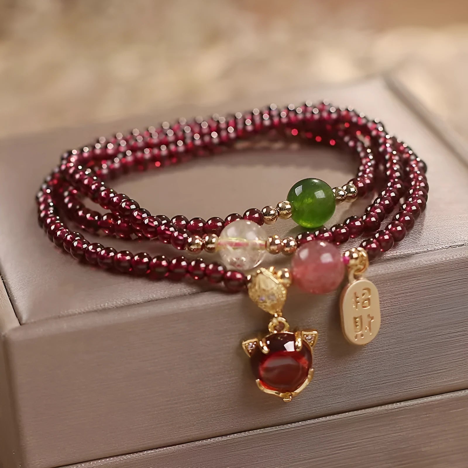 Purplish red garnet fox charm adjustable bracelet for women on rope cord