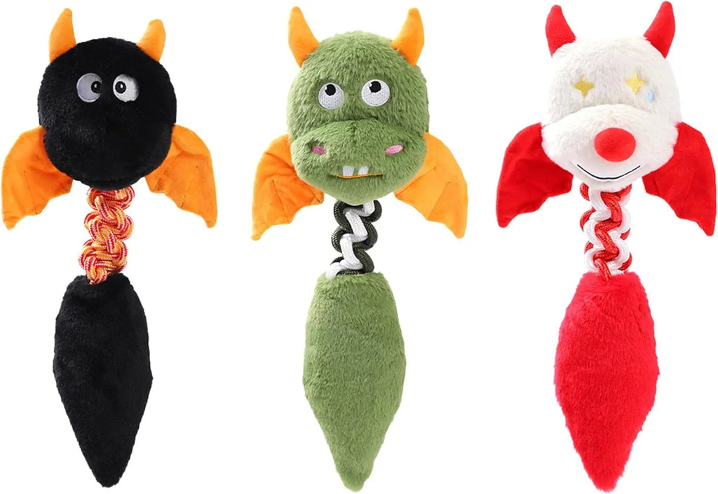 Plush dog toy with squeaker and rattling sounds, 44cm by 19cm, in black, green, or red, made from upgraded rabbit fleece