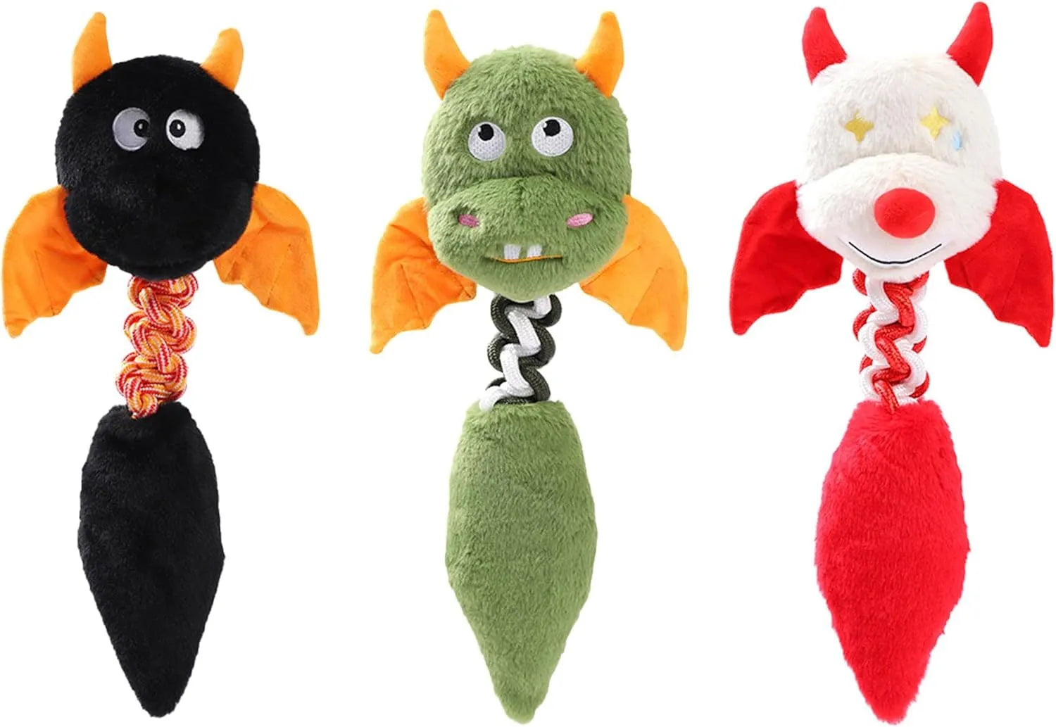 Plush dog toy with squeaker and rattling sounds, 44cm by 19cm, in black, green, or red, made from upgraded rabbit fleece