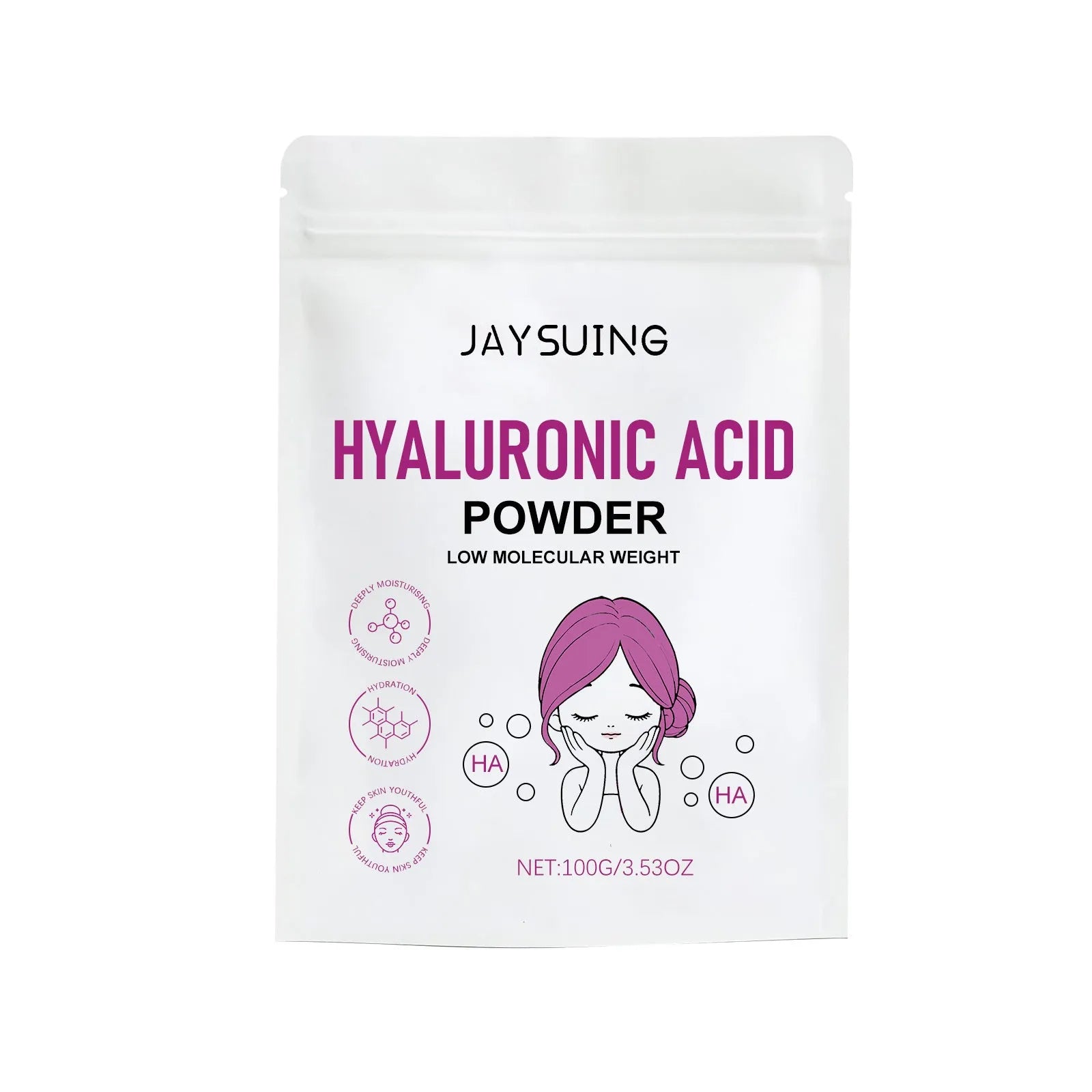 100g hyaluronic acid powder jar with ingredients list for DIY skincare formulations
