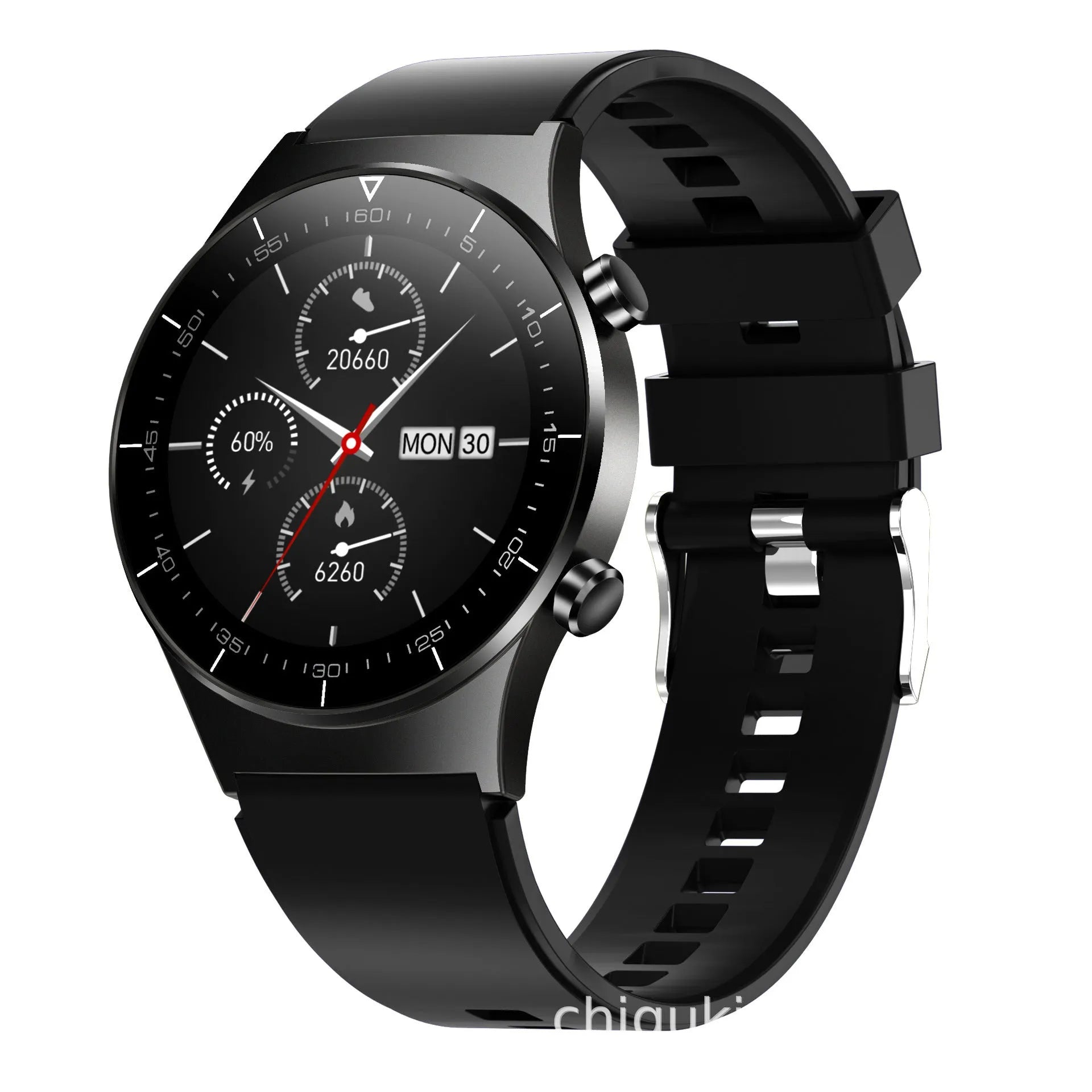 Black smart watch with sports-style astronaut bracelet and 1.3-inch touch screen displaying health metrics