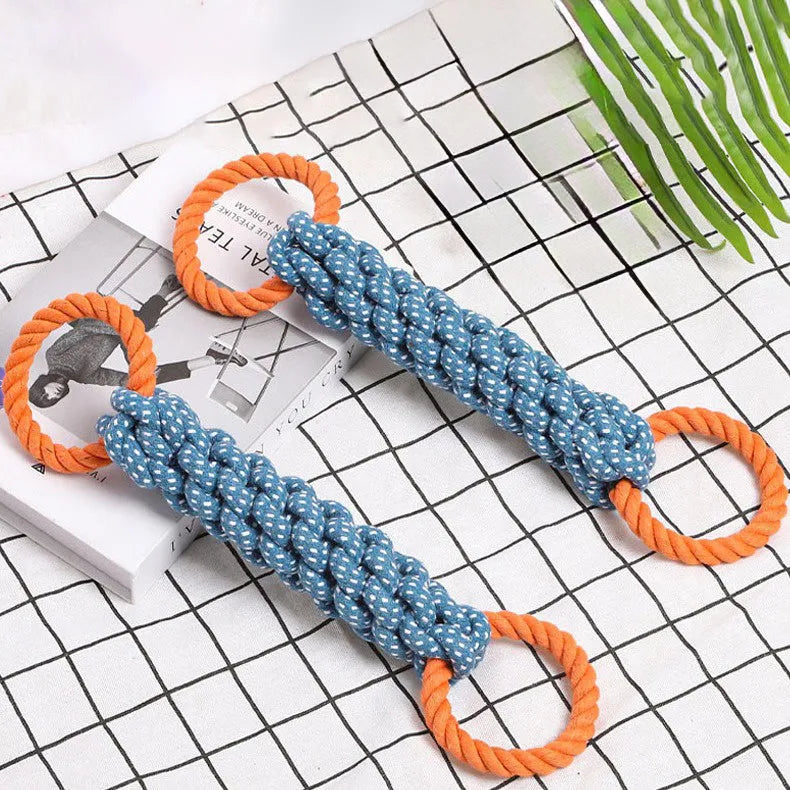 Blue double-ring braided bone dog chew toy made from cotton cord for tooth cleaning