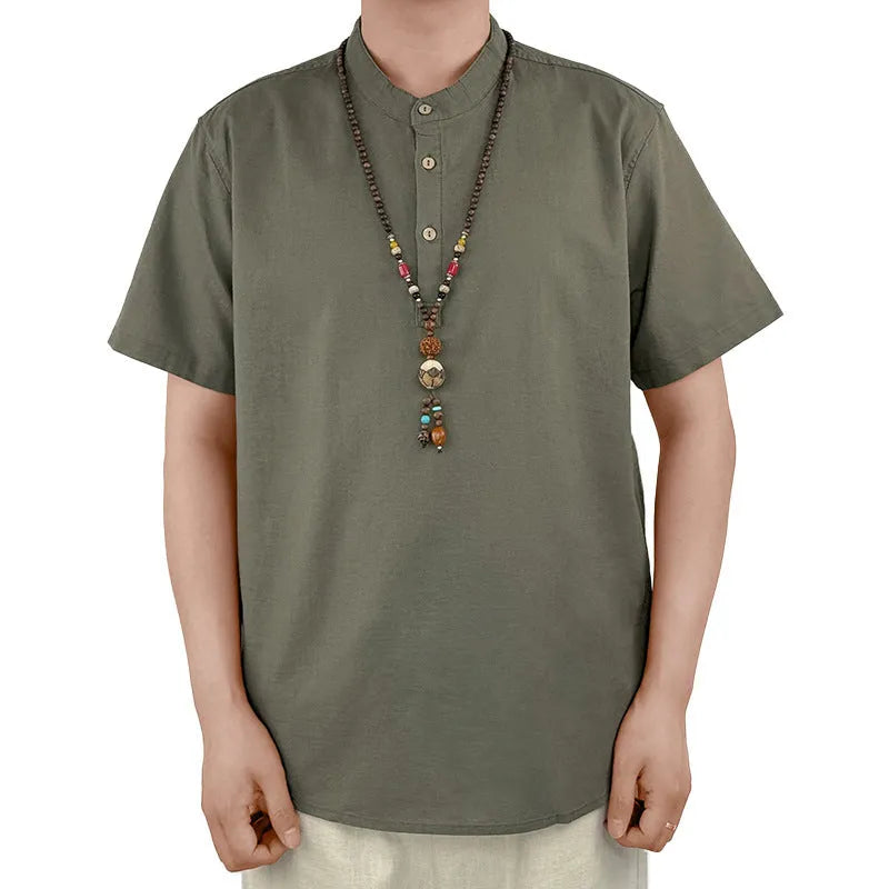 Men's solid colour linen short sleeve t-shirt in black, white, grey green or optic linen options