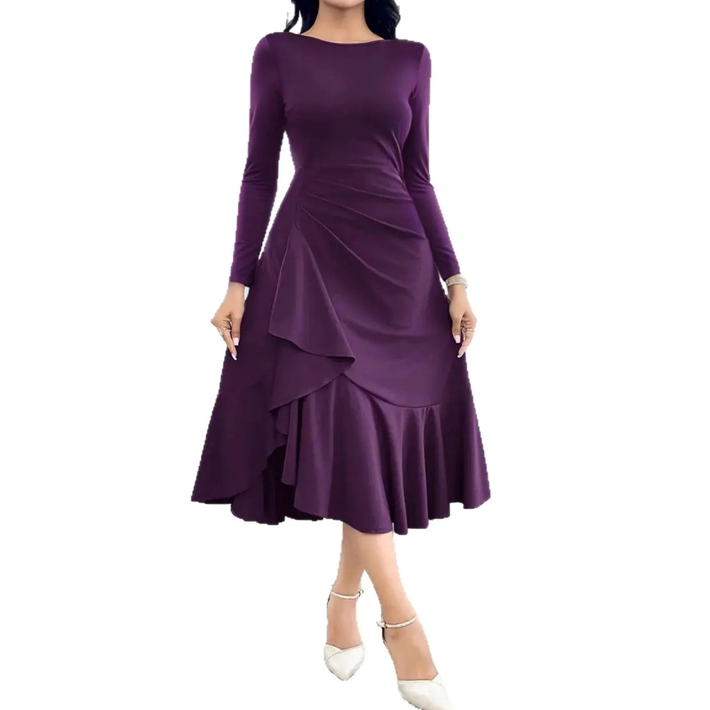 Purple women's long sleeve dress with round neck and ruffle detail, mid waist design