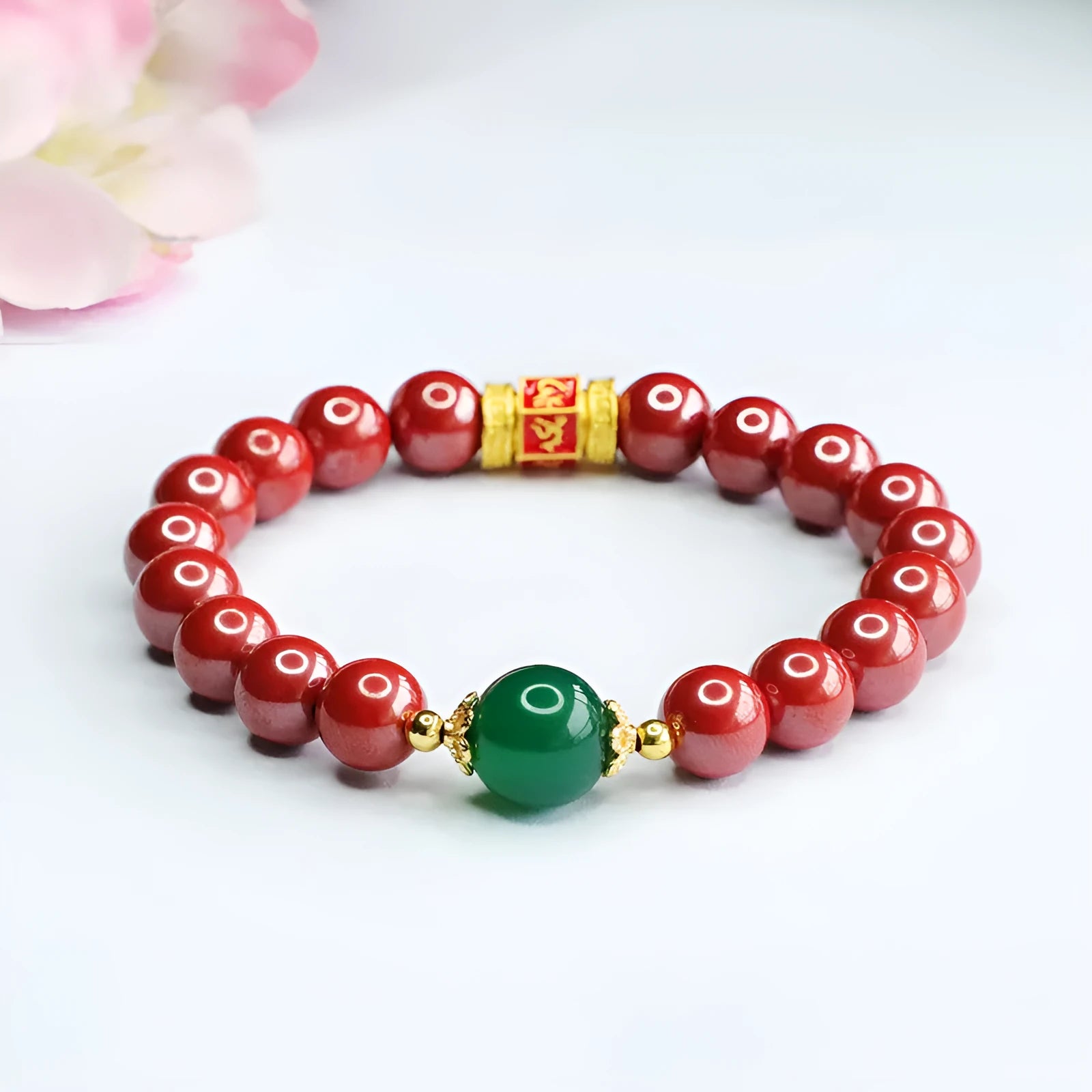 Emperor Sandstone coloured cinnabar bracelet with six engraved Chinese characters on 8mm beads.