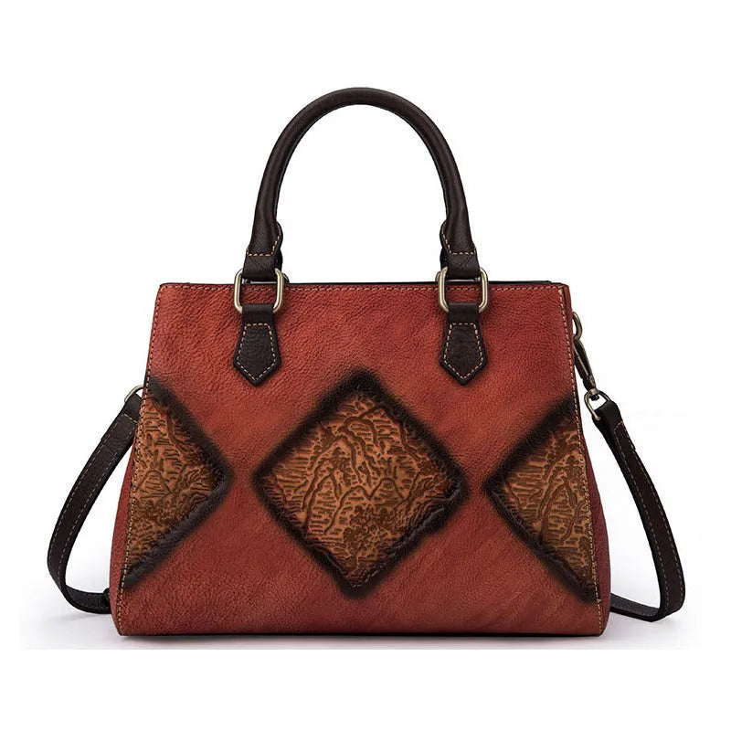 Top layer cowhide retro women's handbag, horizontal square 28cm zip messenger bag with soft handle