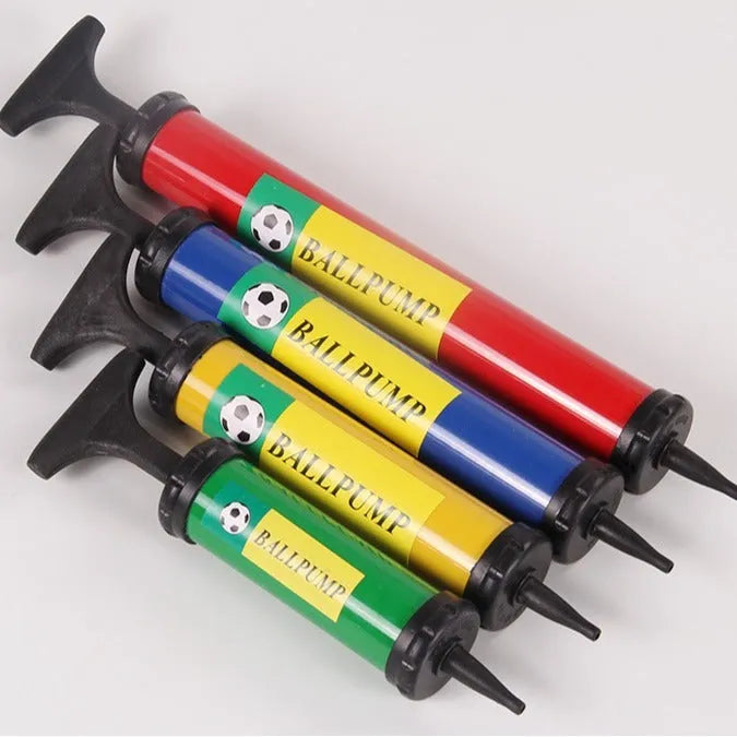 Mixed colour manual pump for inflating balls, available in sizes 20cm, 24cm, 28cm, and 32cm
