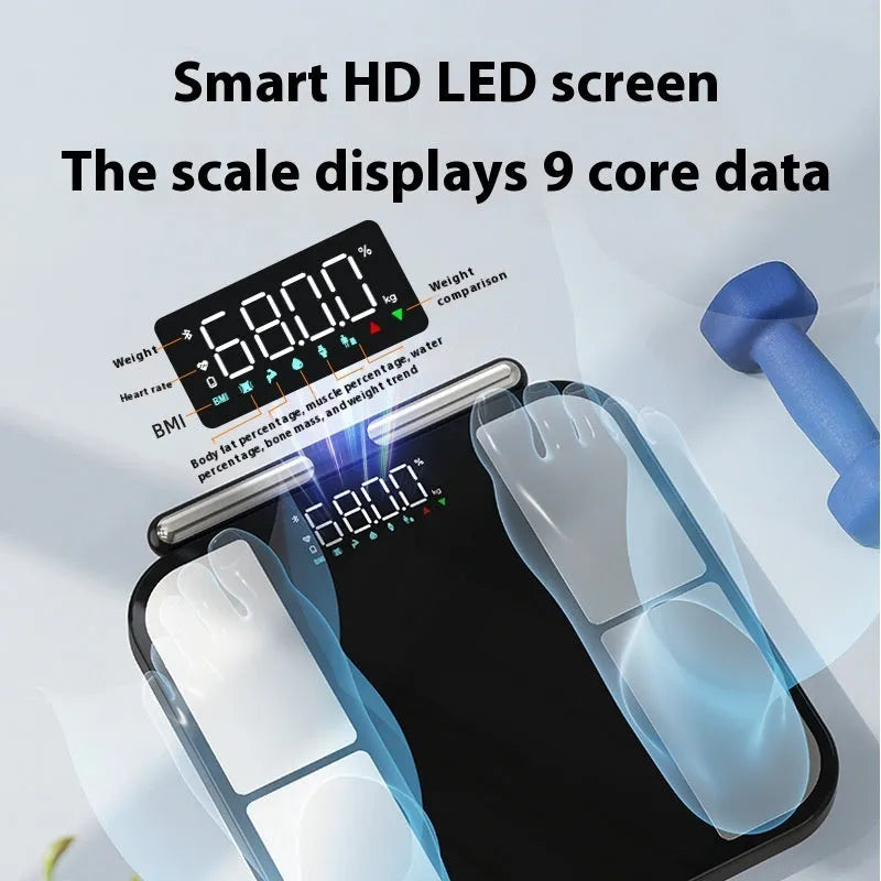 Black electronic household weighing scale with 2-inch colour screen on 30 x 30 cm tempered glass platform
