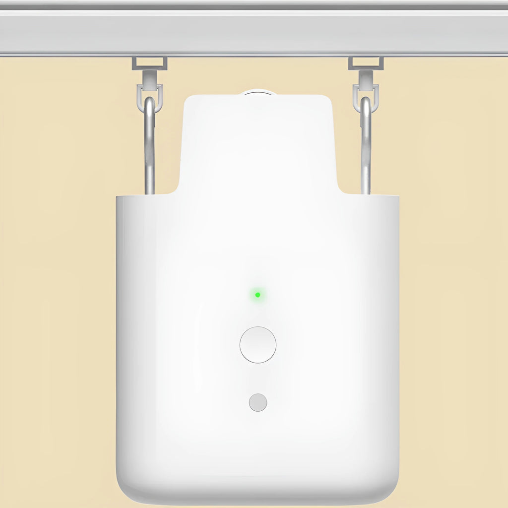 White USB rechargeable automatic curtain opener motor with wireless remote control.