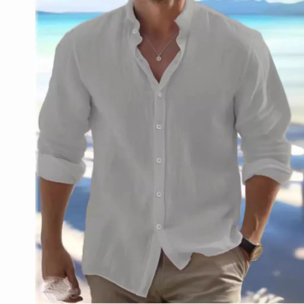 Men's long-staple cotton pullover shirt in light grey with collage stitching, sizes S-5XL