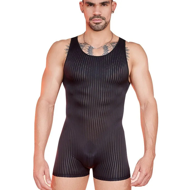 Men's striped jumpsuit in nylon fabric showing vertical pattern in available colours