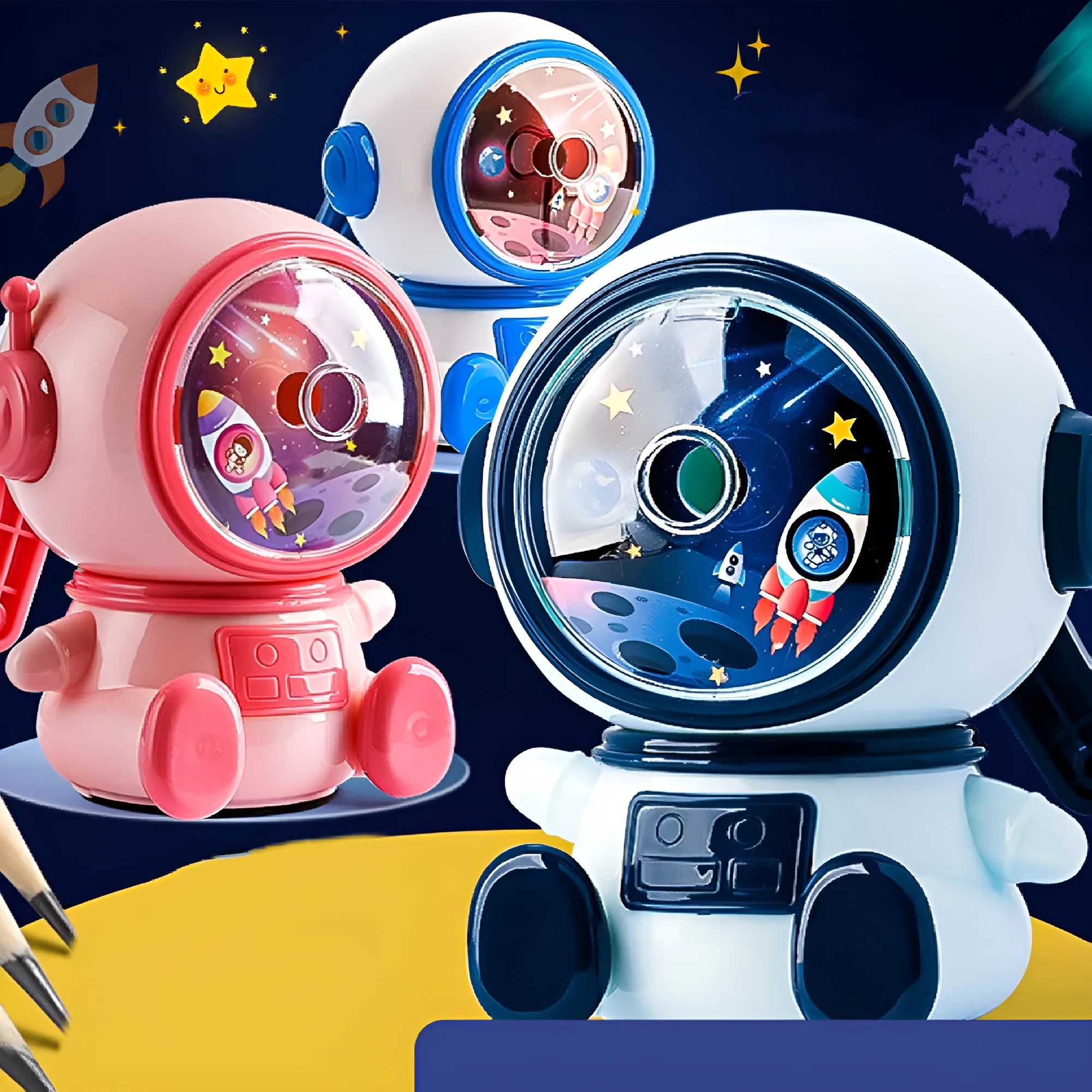 Astronaut-themed manual pencil sharpener in blue or pink with adjustable sharpening settings