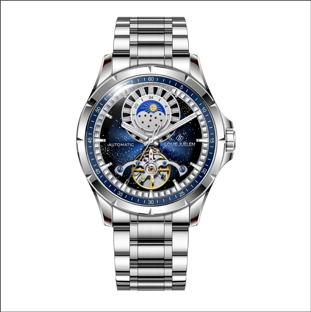 Men's silver alloy case waterproof automatic watch with blue dial and stainless steel strap