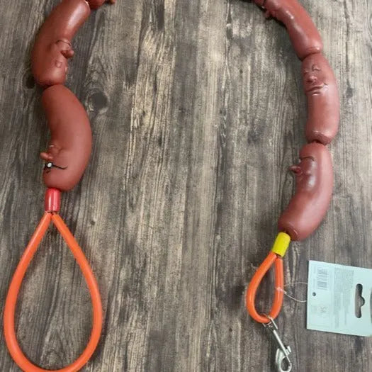 Brown pet hand rope toy with sausage segments, total length 108cm, for cats and dogs.