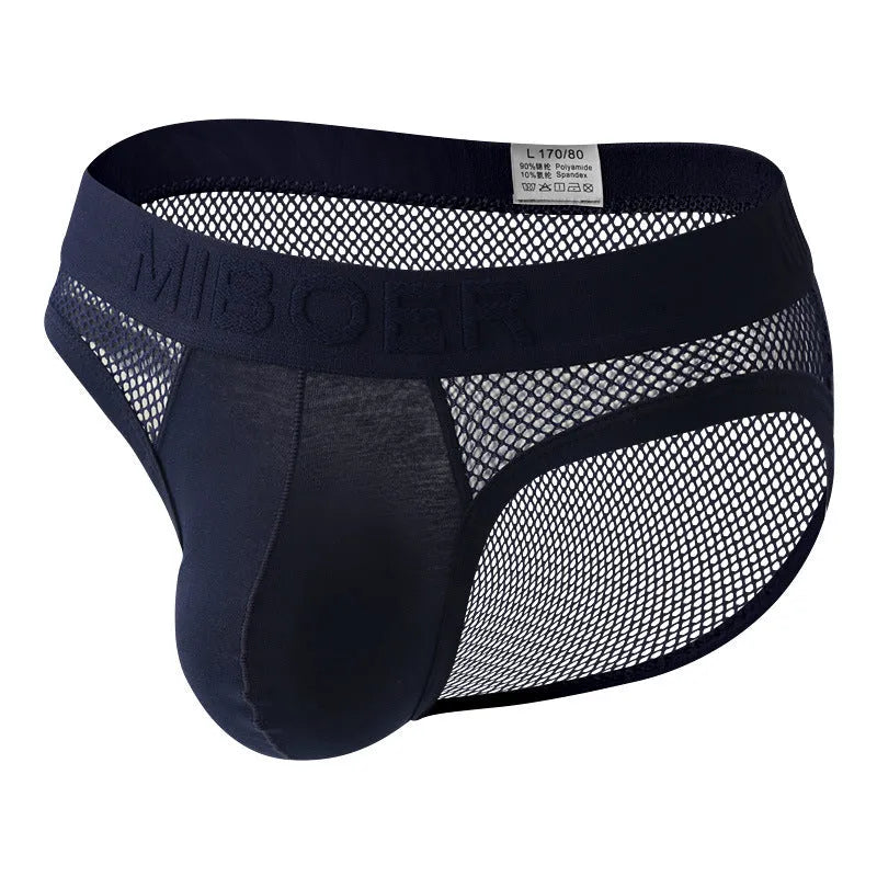 Men's black mesh briefs with low waist design showing elastic fabric texture