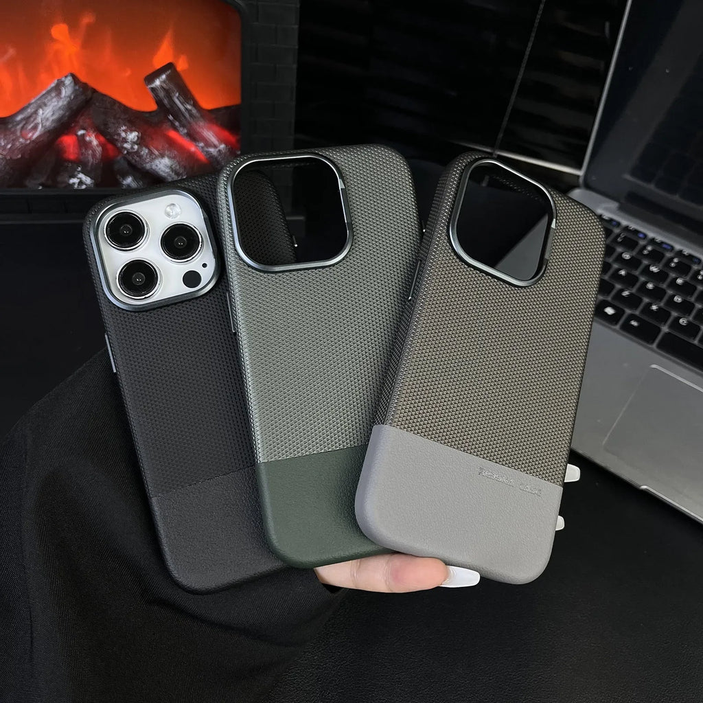 iPhone magnetic phone case with dragon scale texture and stitching detail in black, grey and green colours