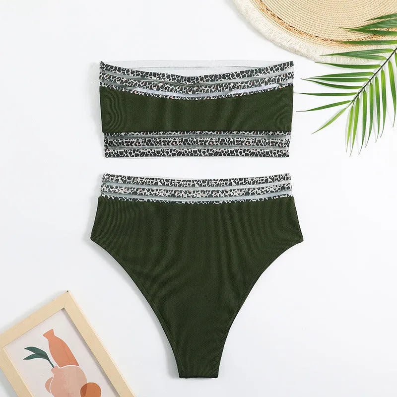 Black strapless swimsuit with leopard print pattern, briefs-style bottoms