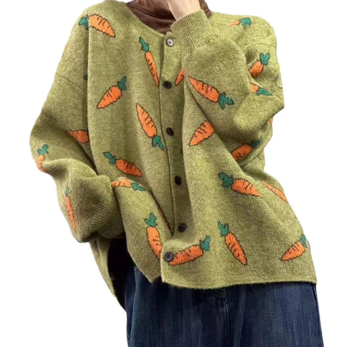 Round neck cardigan with Mori artistic printing and colour contrast details in loose fit