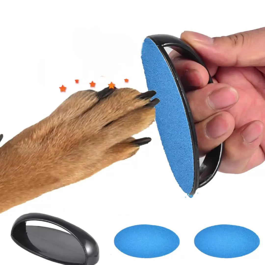 Dog nail scratch board in black, blue, green, or yellow with ergonomic handle and sandpaper